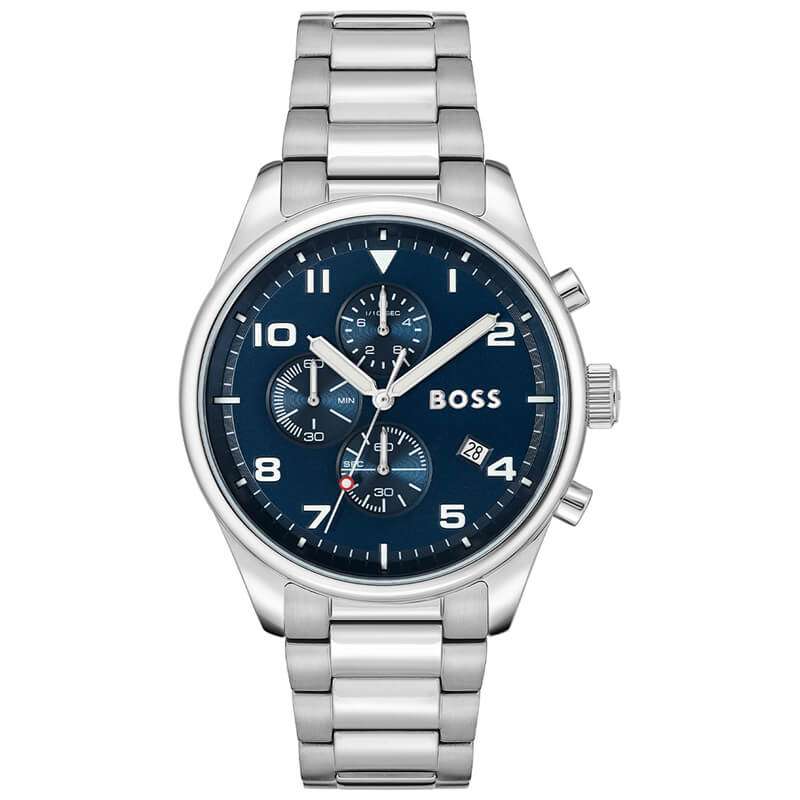 Hugo Boss View chronograph watch with blue dial and silver steel bracelet