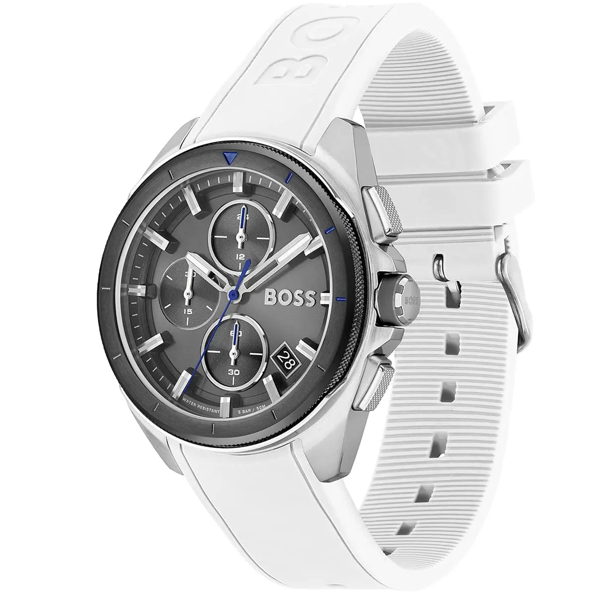 Hugo Boss Volane chronograph at angle showing grey dial and white rubber strap detail