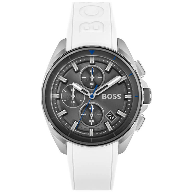 Hugo Boss Volane chronograph with grey dial, white silicone strap and blue hands