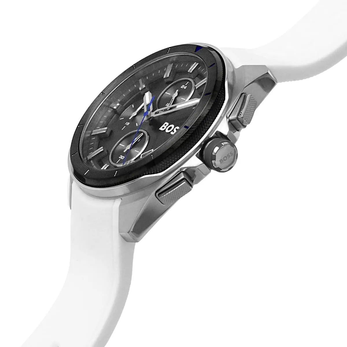 Hugo Boss Volane chronograph side view with white silicone strap and pushers