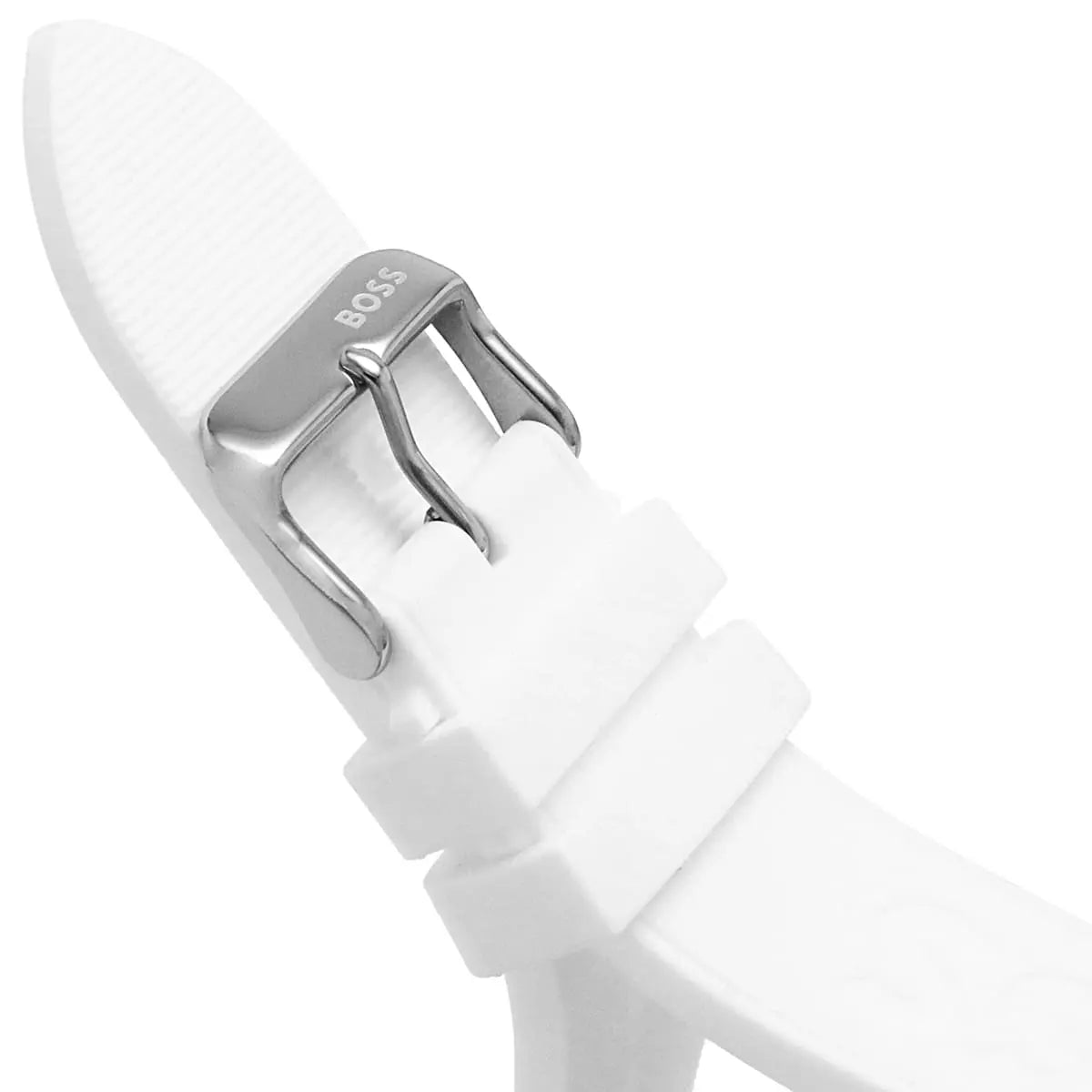 White silicone strap with textured pattern and BOSS buckle closure detail