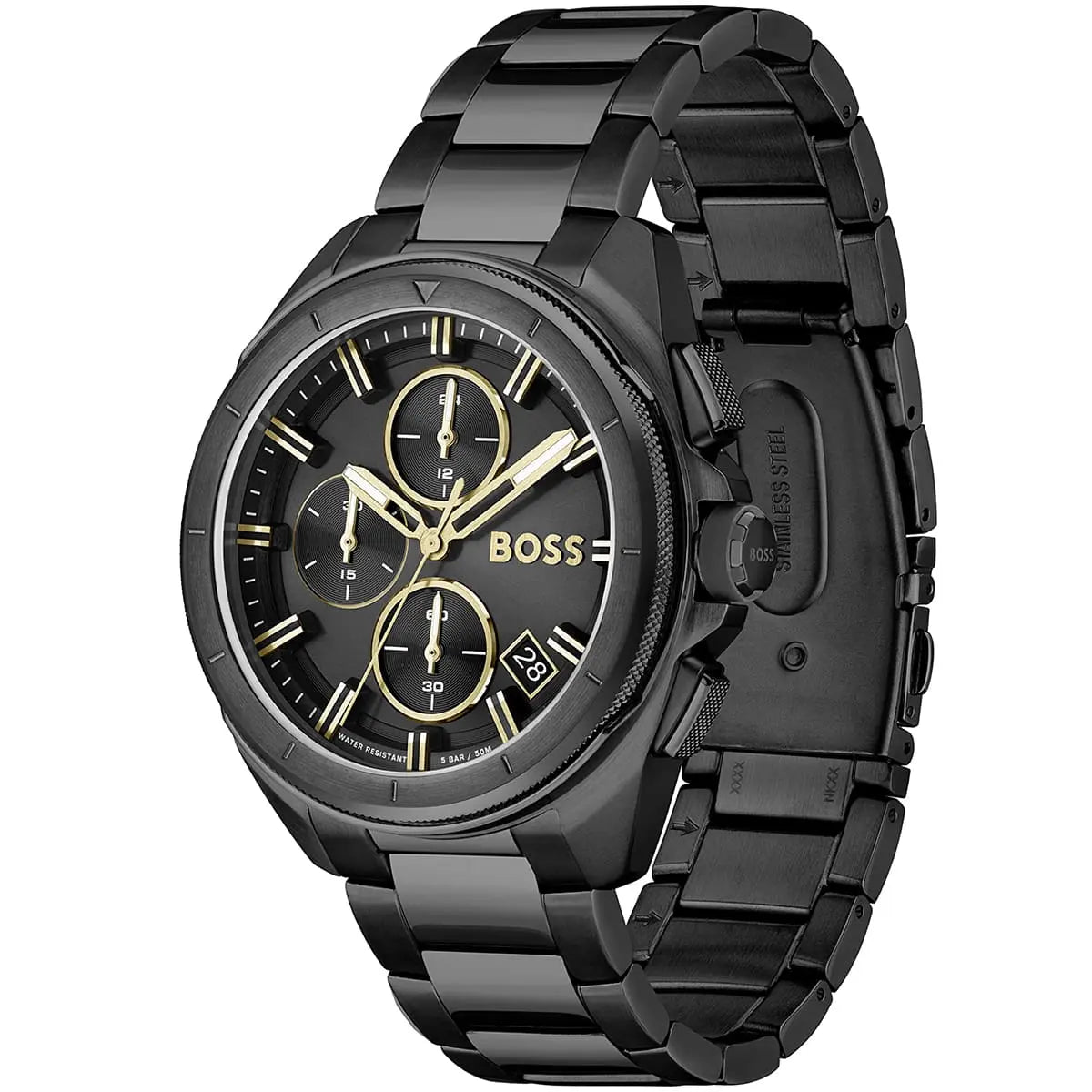 Hugo Boss Volane chronograph watch at angle showing black dial with three subdials and metal bracelet