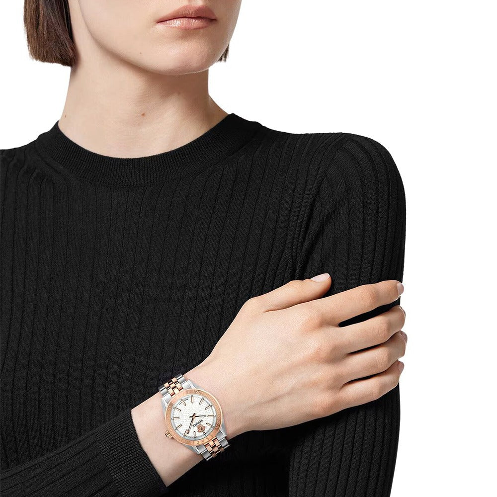 Versace V-Code Analog White Dial Two Tone Steel Strap Watch for Women - VE8I00624
