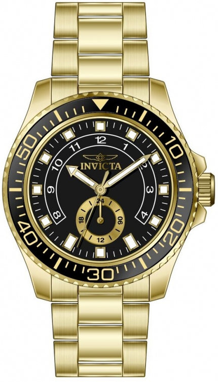 Invicta Pro Diver front view with gold-tone bracelet, black dial, and subdial