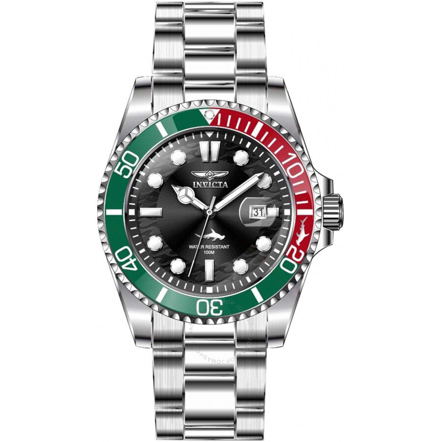 Close-up of Invicta Pro Diver dial showing hour markers, hands, date window, and rotating bezel