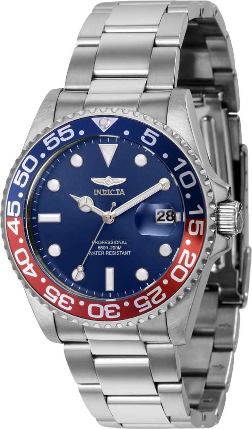 Invicta Pro Diver quartz watch with blue dial, red/blue GMT bezel, and stainless steel bracelet