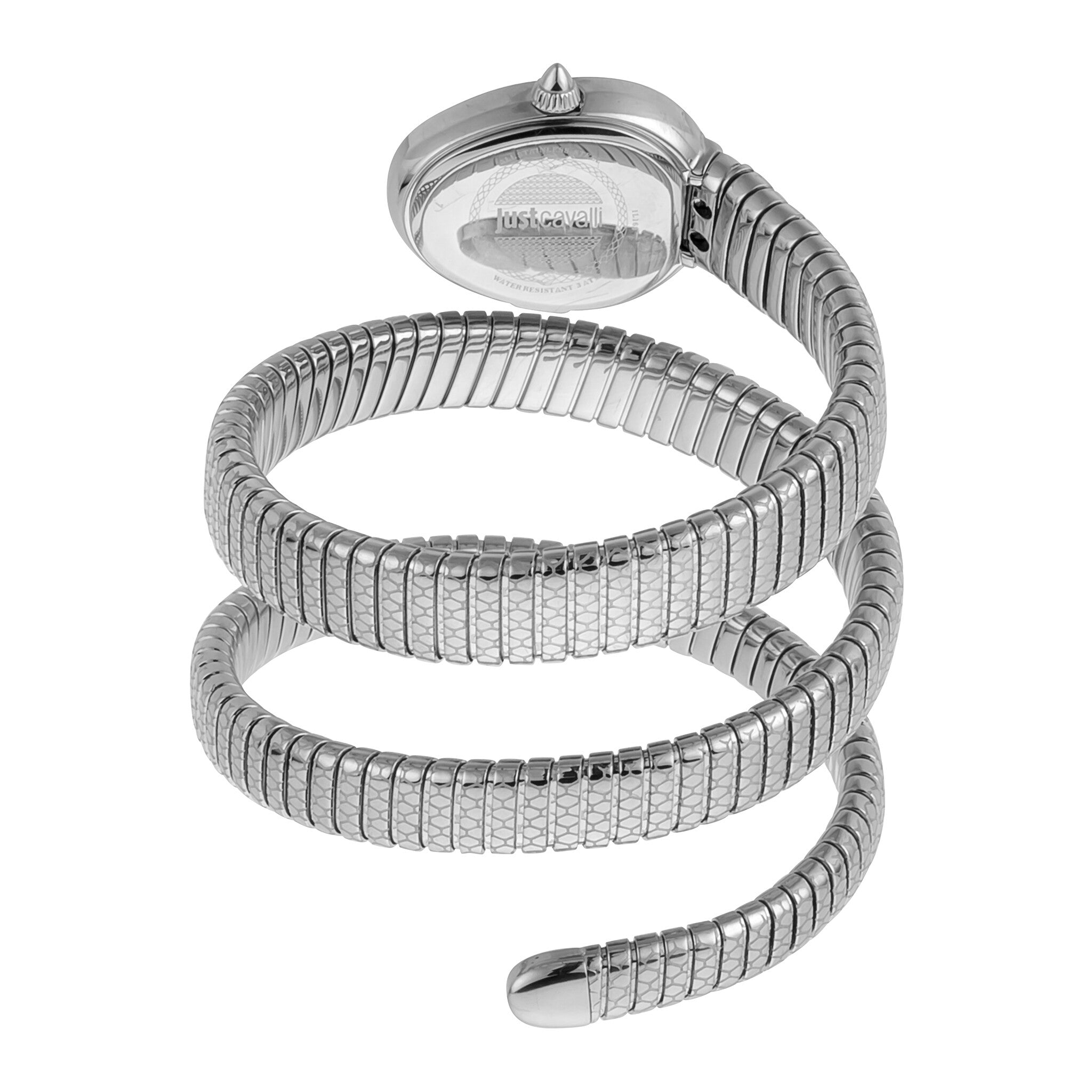 Just Cavalli JC1L163M0015 watch displaying spiral wrap bracelet design and case detail