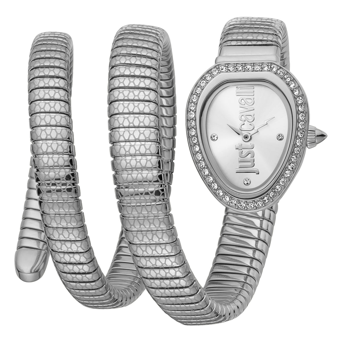 Just Cavalli silver women's watch with asymmetrical oval case, crystal-set bezel, and flexible metal bracelet