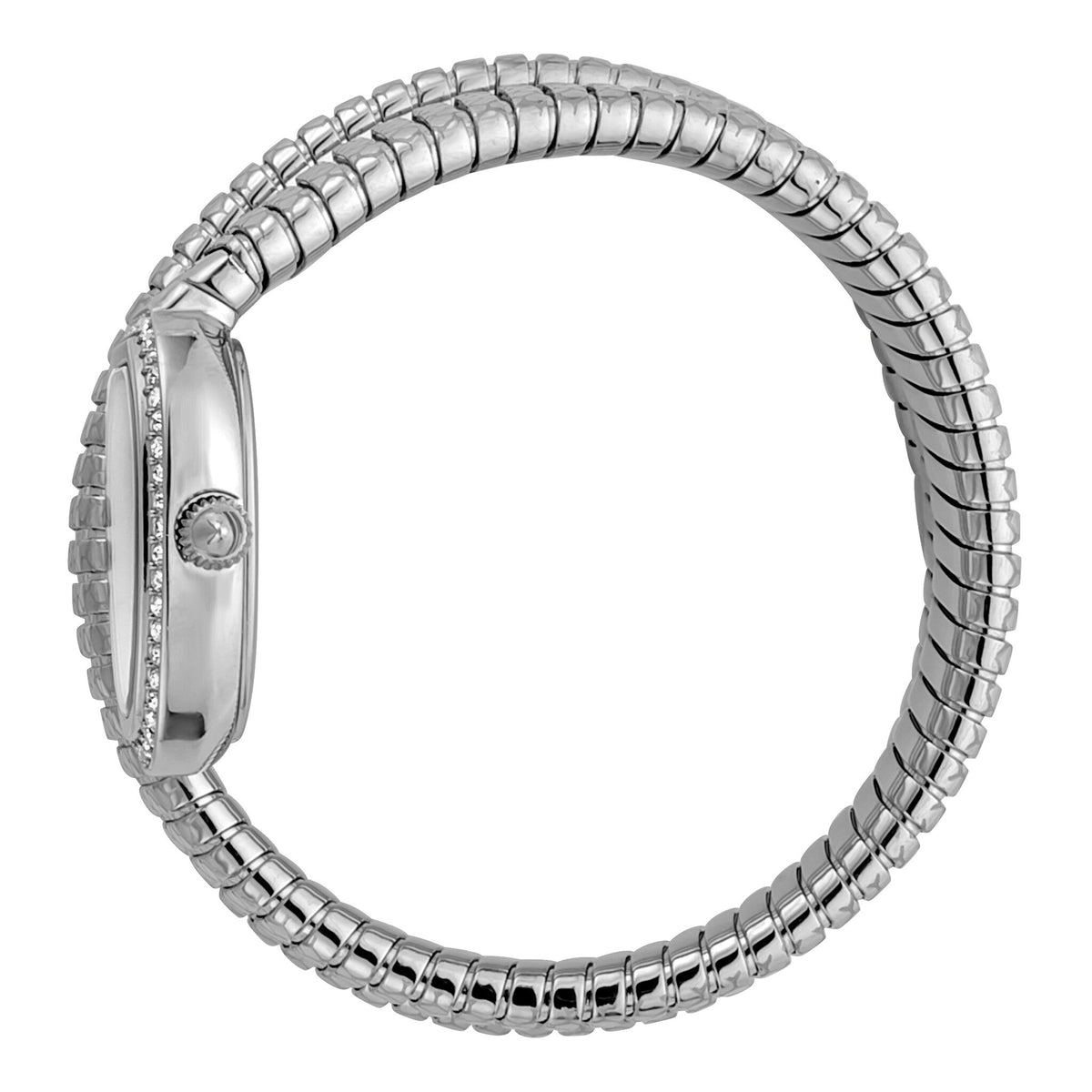 Just Cavalli JC1L163M0015 watch worn on wrist showing side profile and flexible bracelet design