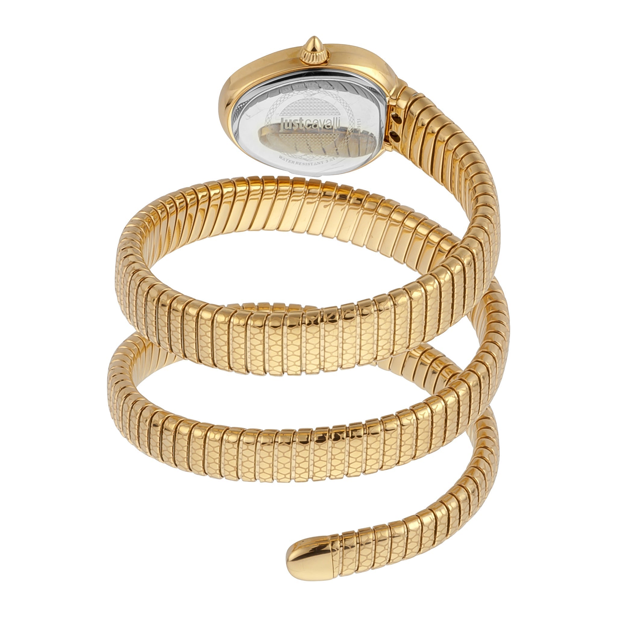 Watch case back with flexible gold snake-style bracelet wrapped around