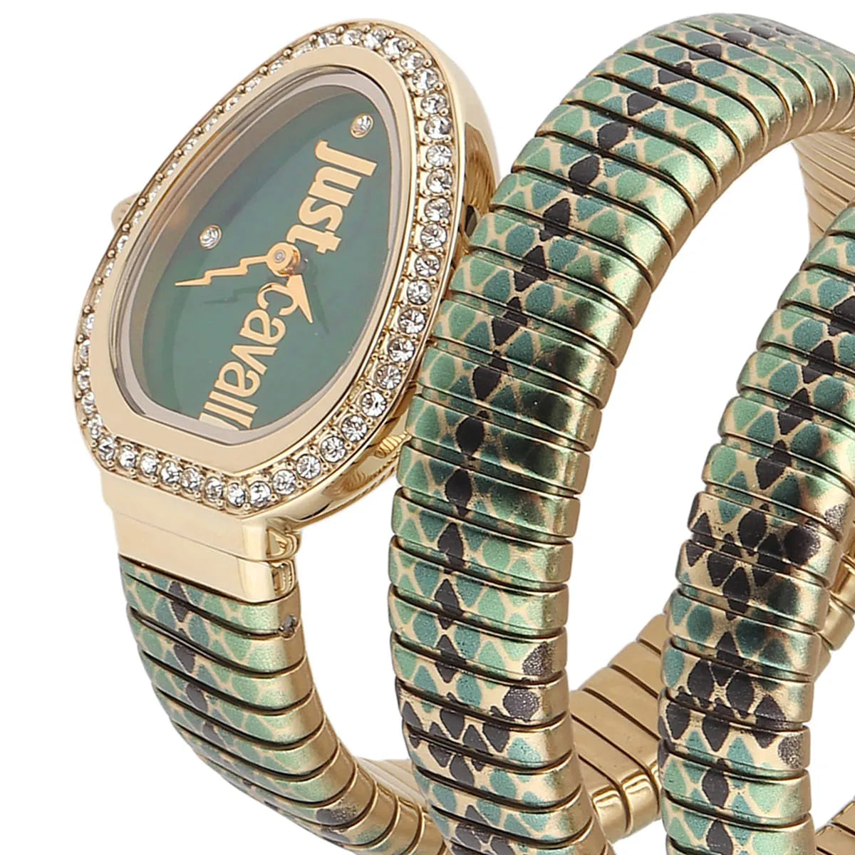 Just Cavalli snake watch at angle revealing green and gold snake-textured triple-wrap design with crystals