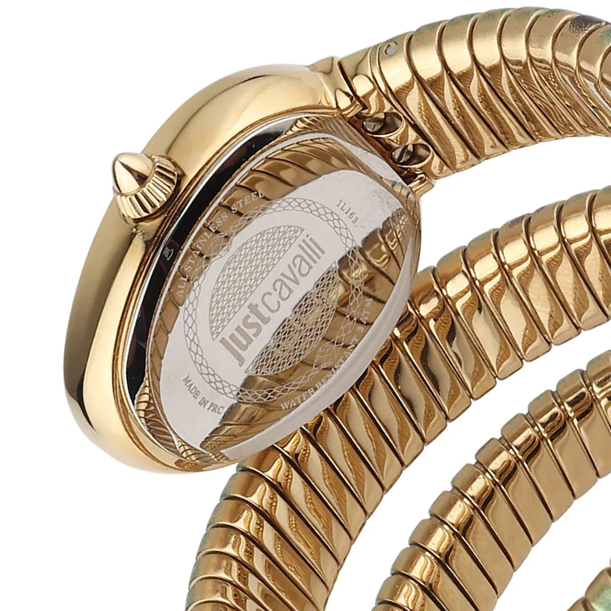 Just Cavalli snake watch caseback showing engraved logo on exposed case with wrapped strap detail
