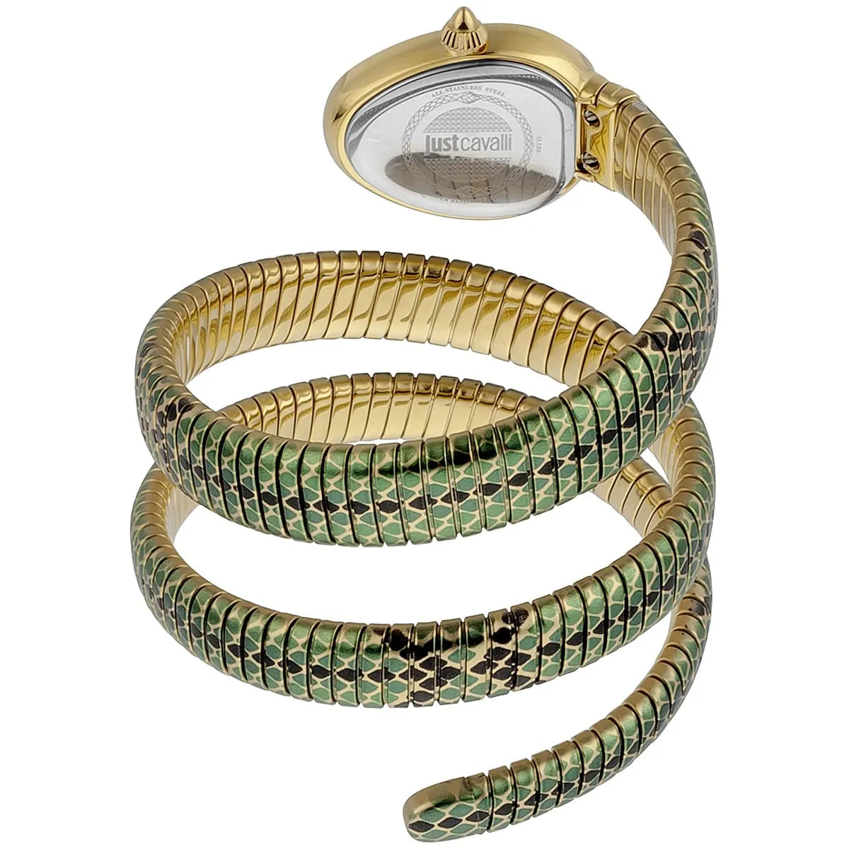 Just Cavalli snake watch showing triple-wrap stainless steel strap coiled with caseback visible