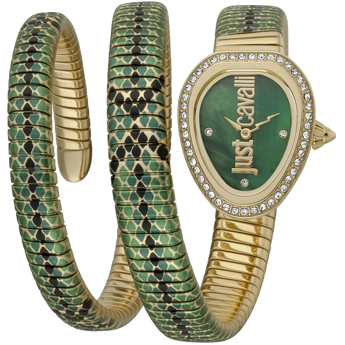Just Cavalli snake watch with green oval dial, crystal-set bezel, gold hands, and triple-wrap green and gold snake strap