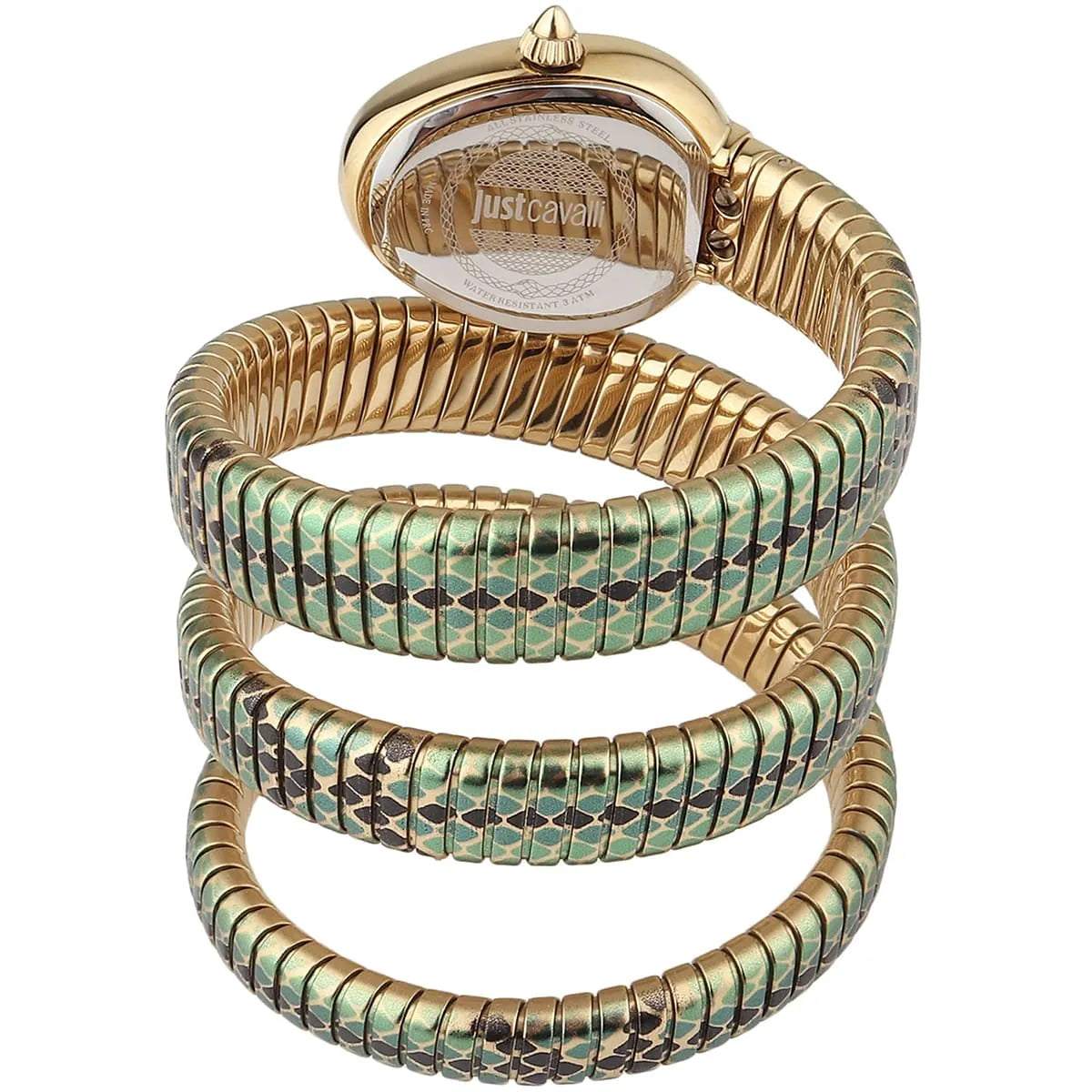 Just Cavalli snake watch strap detail showing triple-wrap green and gold snake-textured stainless steel