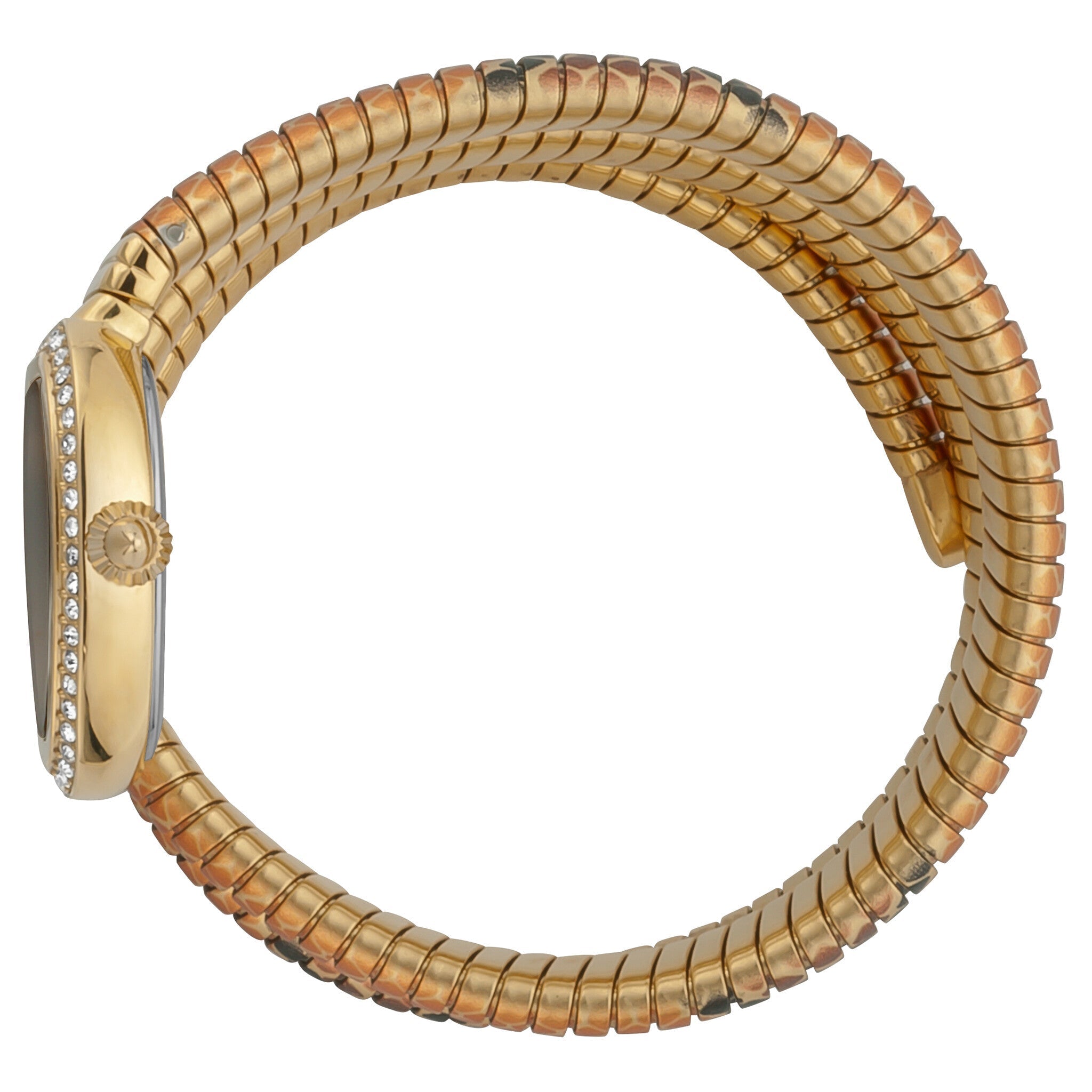 Just Cavalli gold snake wrap watch on wrist, showing flexible serpent-style bracelet design