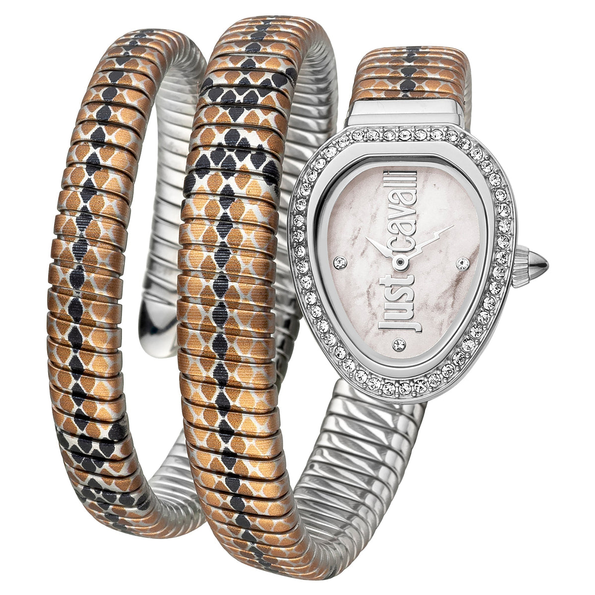 Just Cavalli Snake women's watch with two-tone bronze and silver snake-pattern wrap bands and crystal bezel