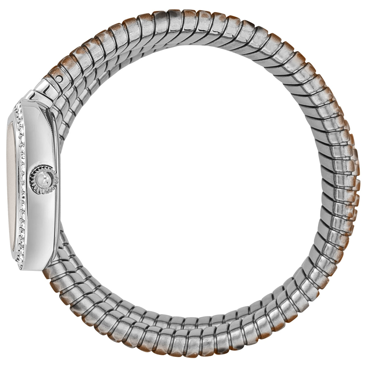 Just Cavalli Snake watch side profile showing wrapped snake-textured bands and oval case