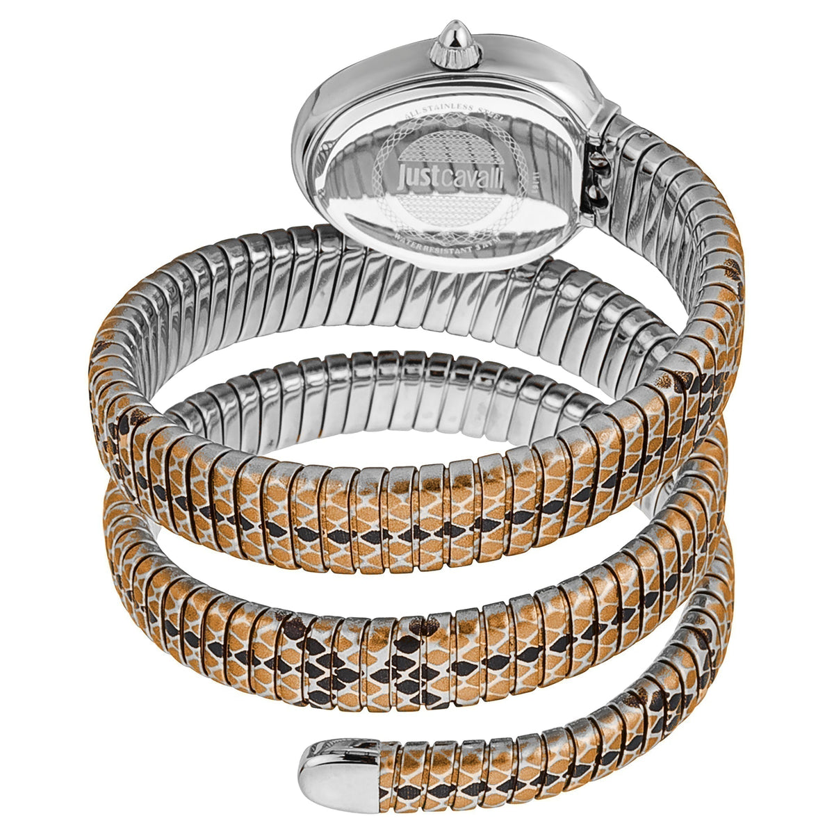 Just Cavalli Snake watch coiled view displaying full wrap design with bronze and silver snake pattern bands