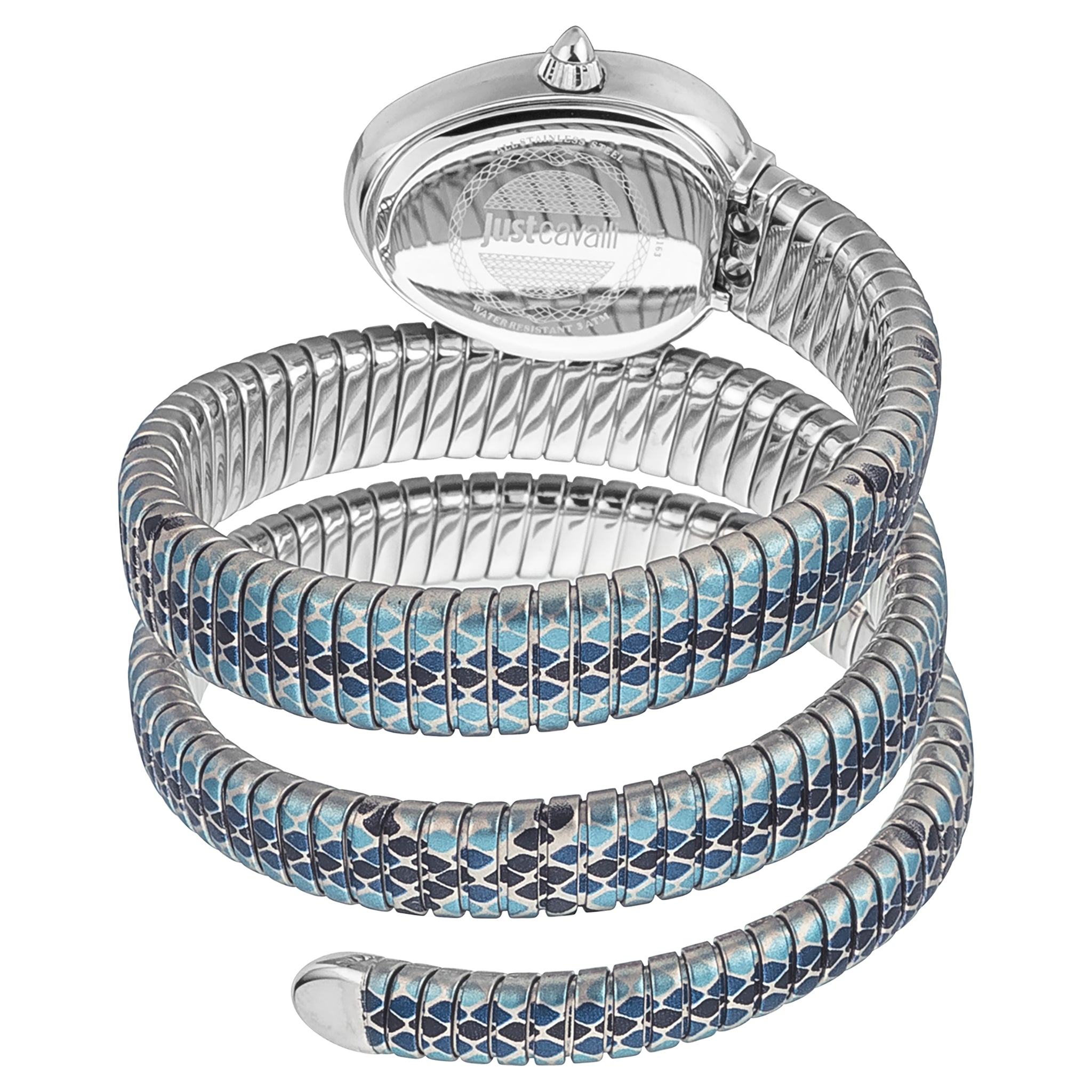 Three-dimensional view of Just Cavalli Glam Snake watch with coiled multicolor steel snake strap wrapped around case