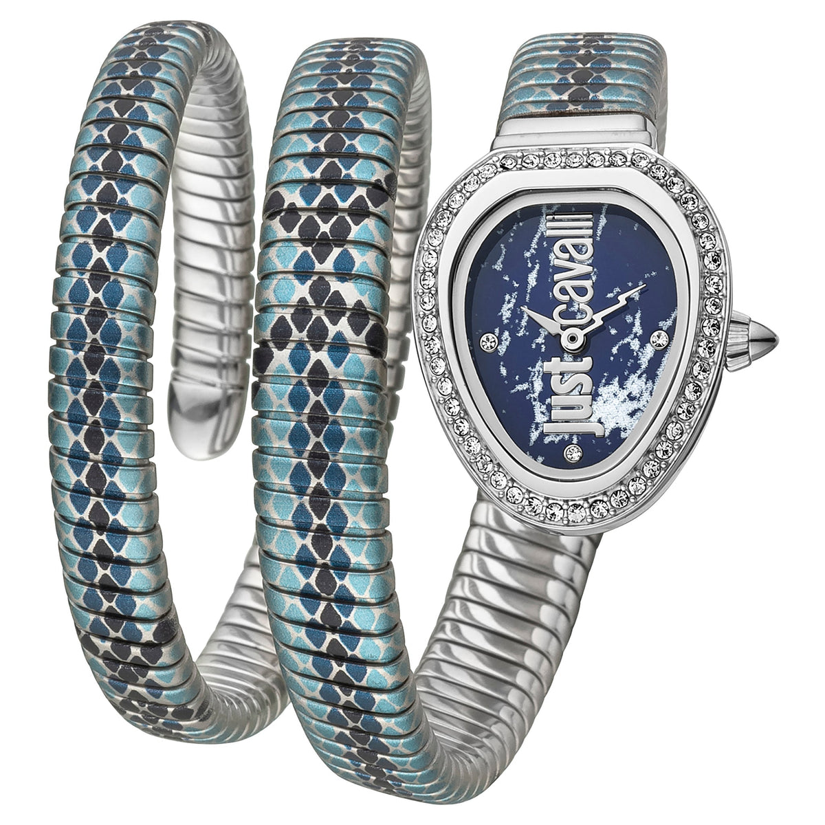Just Cavalli Glam Snake watch with blue dial and crystal bezel, multicolor blue and silver snake-shaped steel strap