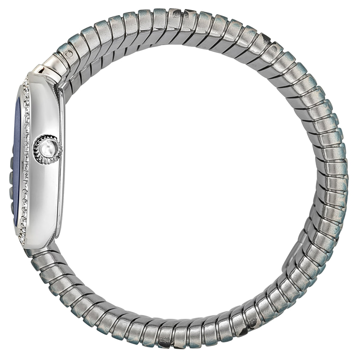 Side view of Just Cavalli Glam Snake watch showing oval case with crystal setting and coiled strap design