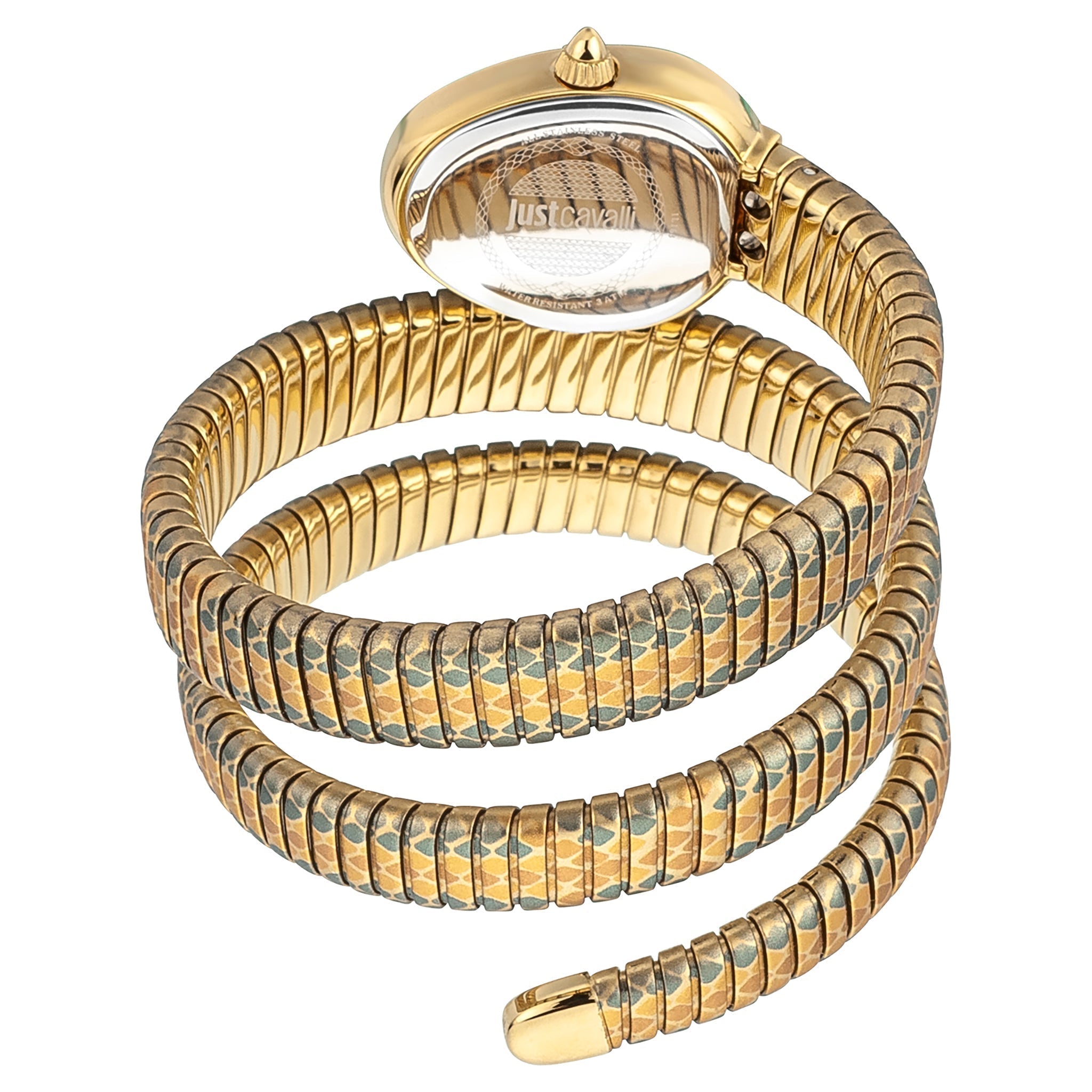 Angled view of Just Cavalli Serpente Reale watch displaying layered coil strap and oval case with crown detail