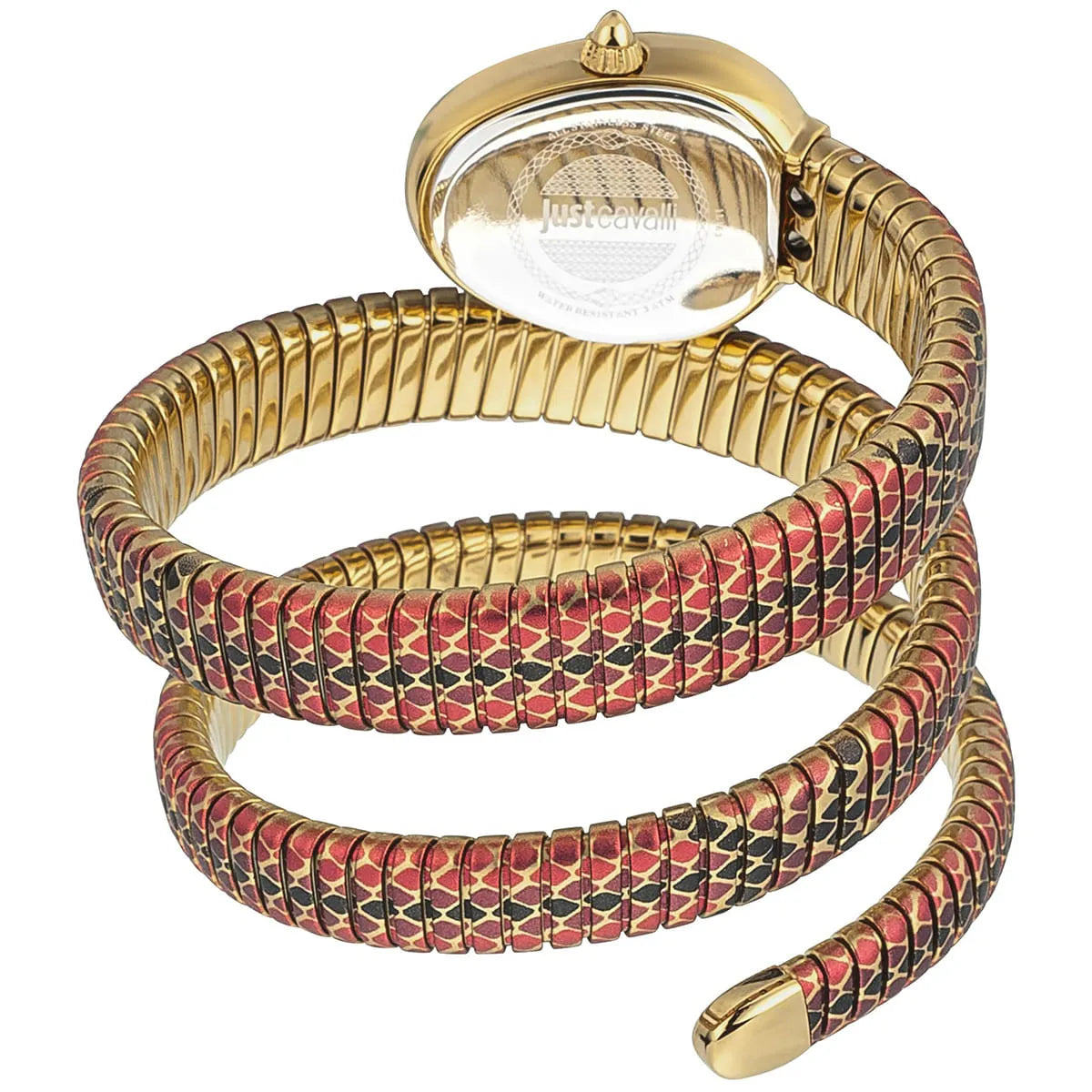 Just Cavalli watch angled view showcasing gold case, crystal bezel, and multicolored snake-embossed wrap bands