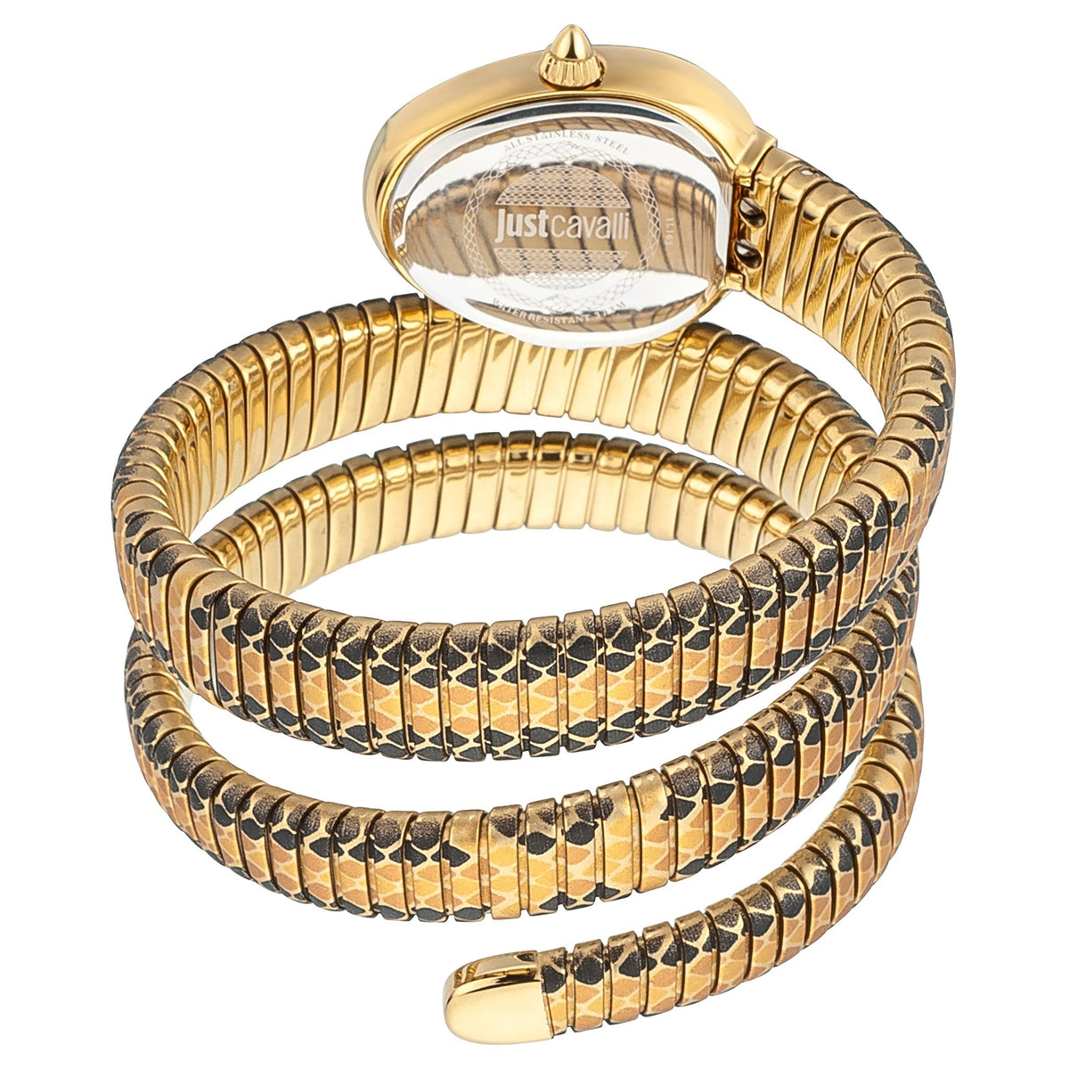 Angled view of Just Cavalli Galm Chic watch with coiled snake-pattern bracelet design