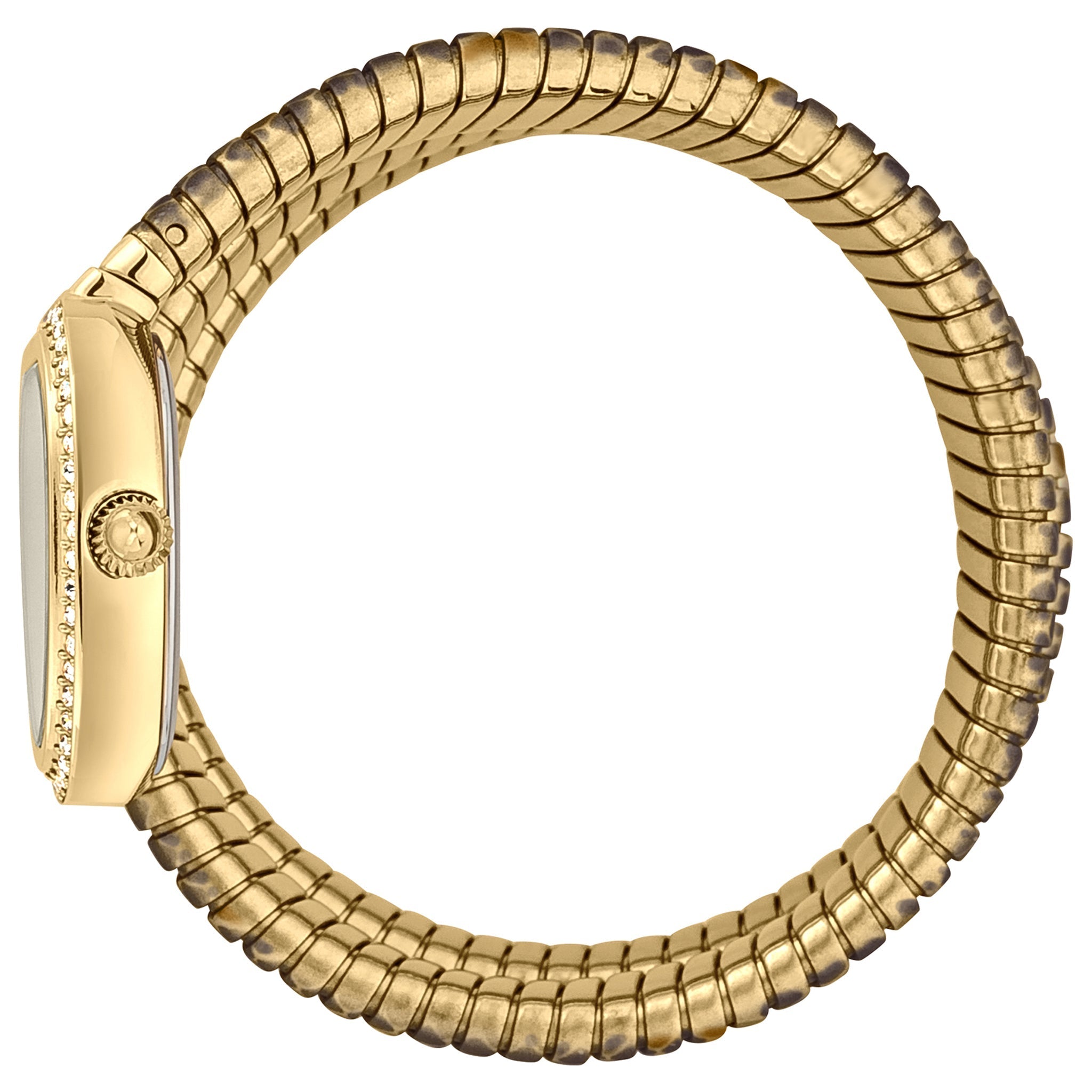 Side view of Just Cavalli Galm Chic watch showing segmented metal bracelet and crystal-studded bezel