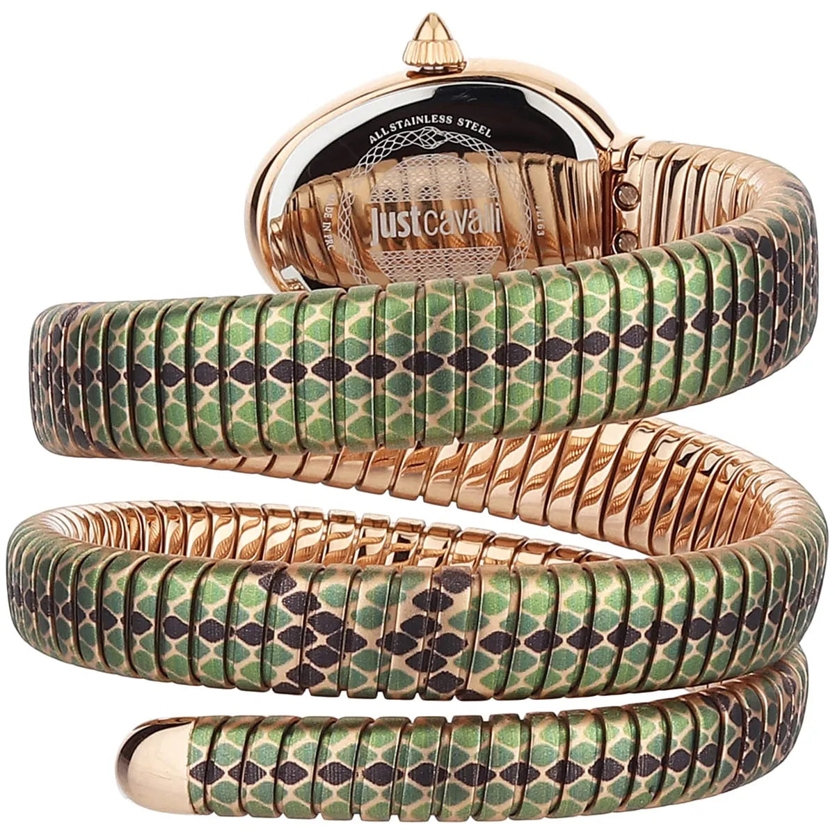 Just Cavalli Glam Snake watch displayed wrapped, showing green and gold snake-pattern strap from multiple angles