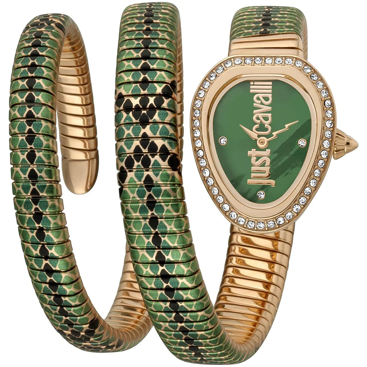 Just Cavalli Glam Snake watch with green dial, crystal bezel, and multicolor green and gold snake-pattern steel triple-wrap strap