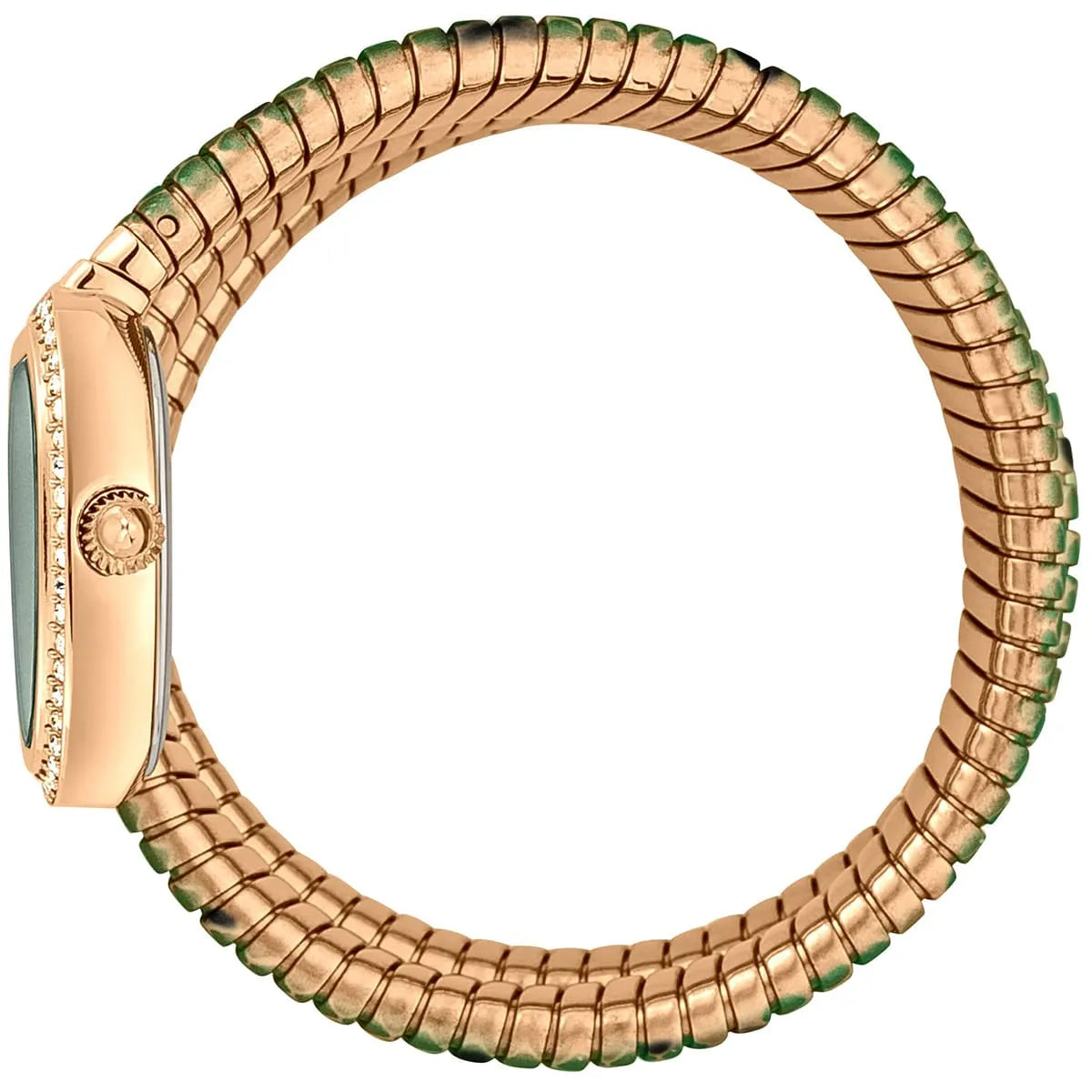 Just Cavalli Glam Snake watch on wrist showing the triple-wrap snake-pattern strap with green and gold design