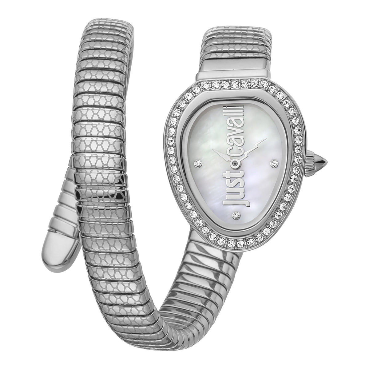 Just Cavalli Solo women's watch with MOP dial, diamond bezel, and spiral silver steel strap