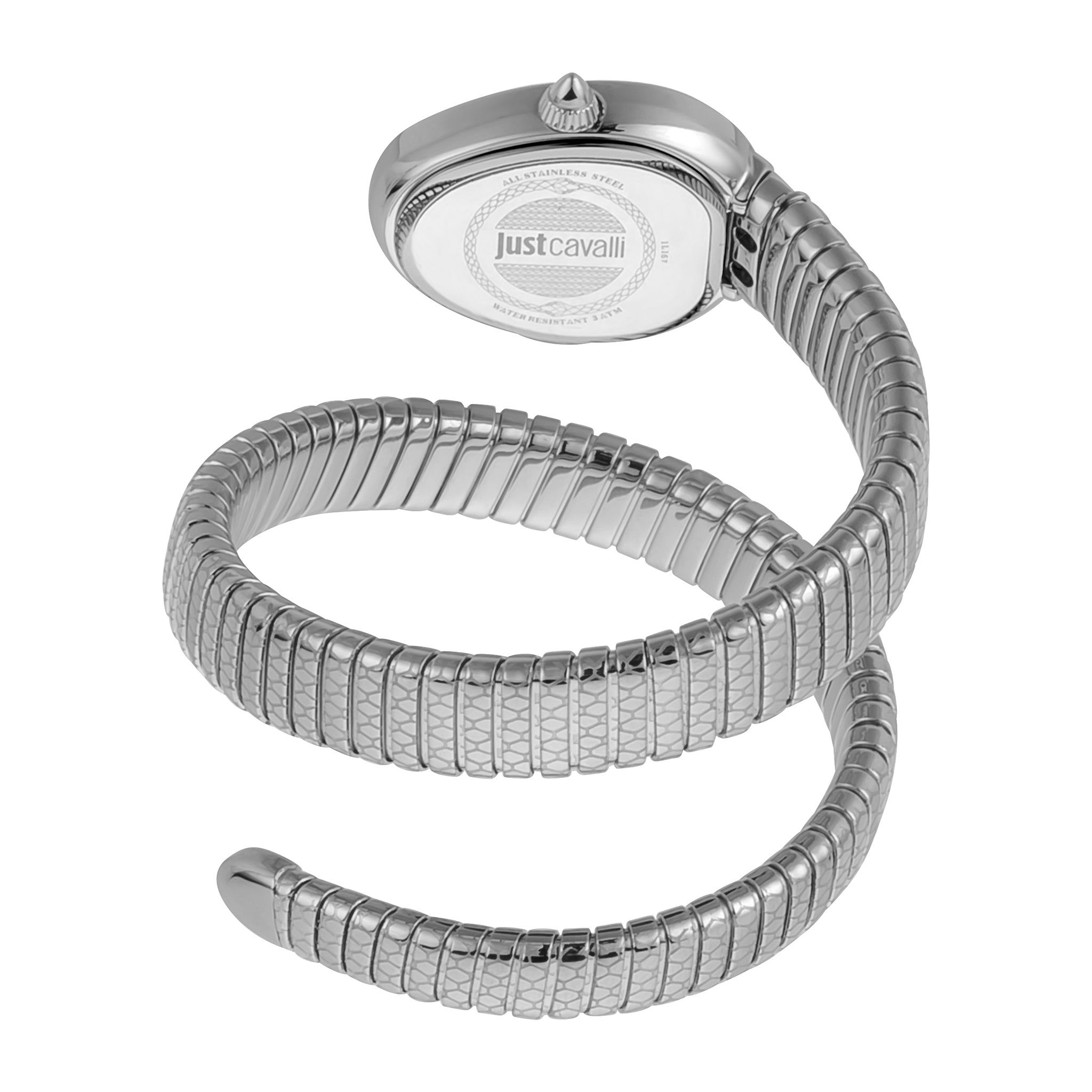 Just Cavalli Solo spiral steel strap wrapped around watch case with caseback visible