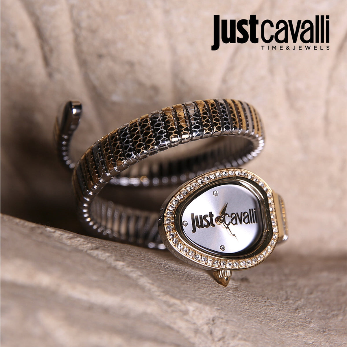 Just Cavalli Snake watch with coiled snake strap in two-tone finish and crystal bezel detail
