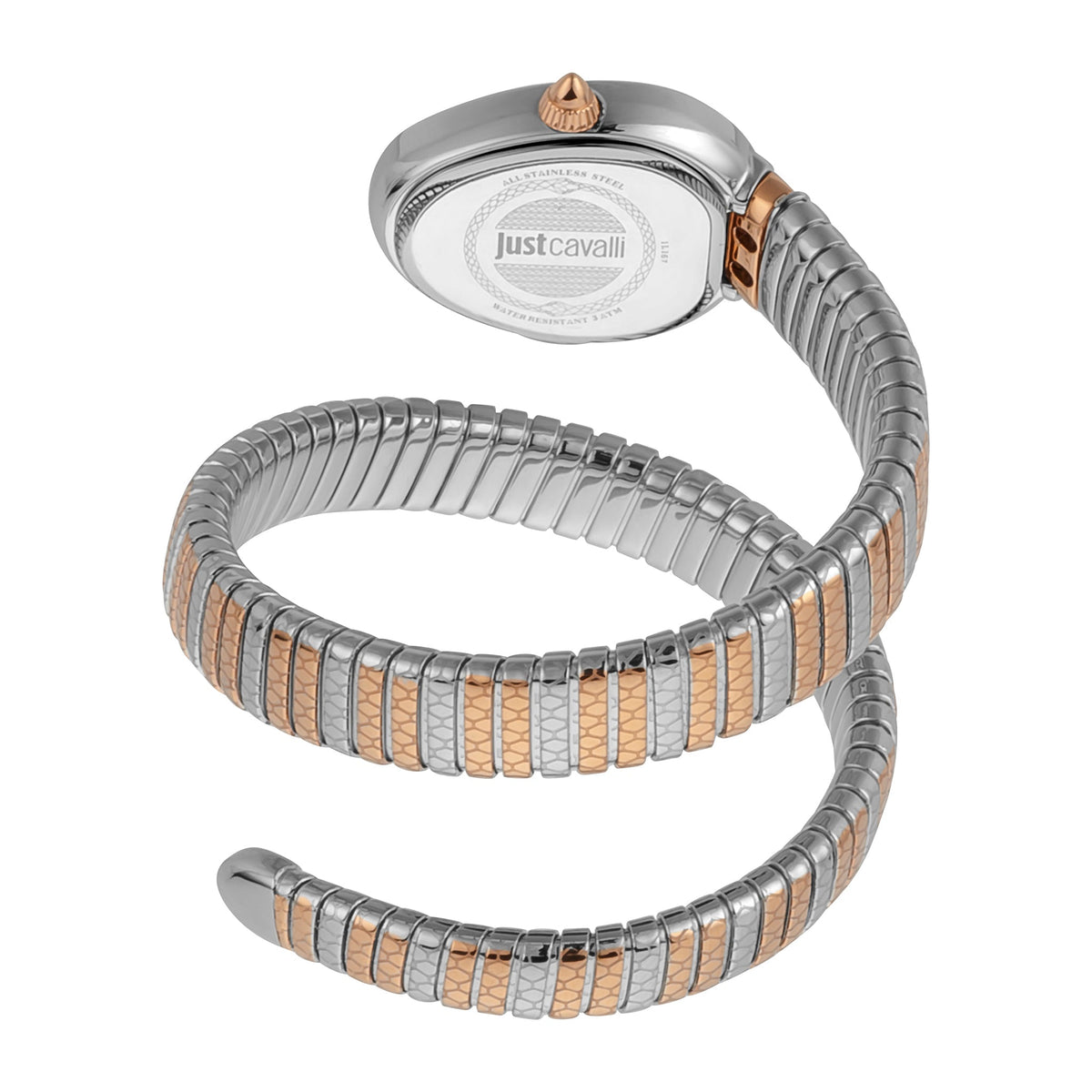 Just Cavalli Snake watch caseback and side view displaying stainless steel case and flexible snake-link bracelet