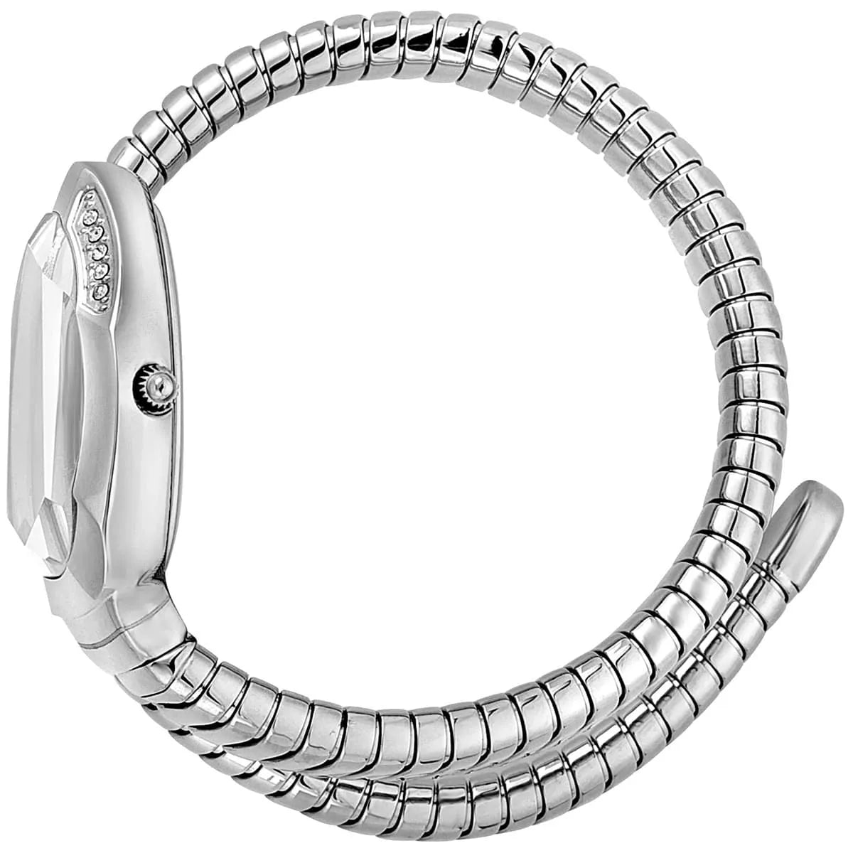 Just Cavalli Serpente Metallica watch worn on wrist showing silver snake strap wrap design