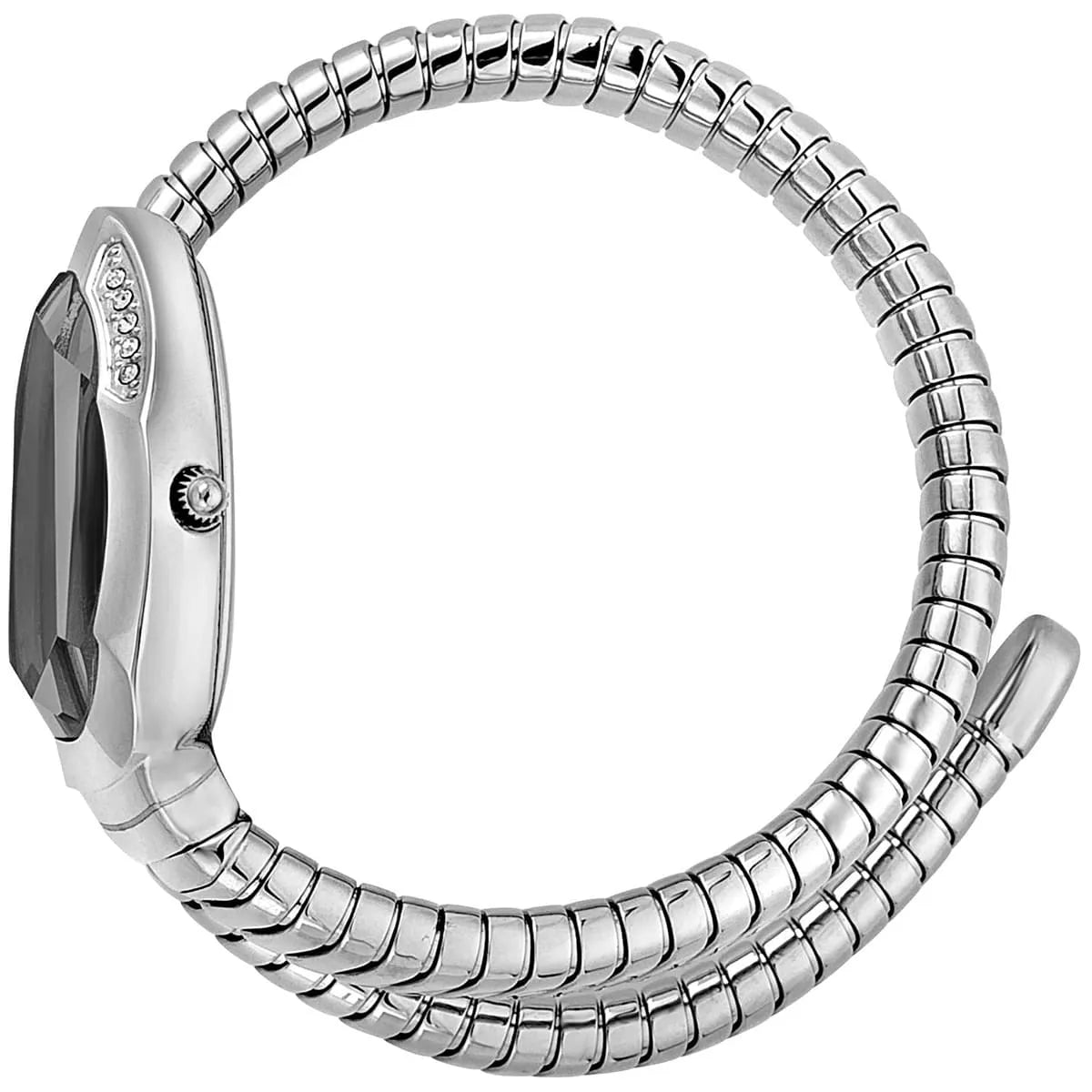 Just Cavalli Serpente Metallica watch worn on wrist showing snake-shaped silver stainless steel bracelet wrap