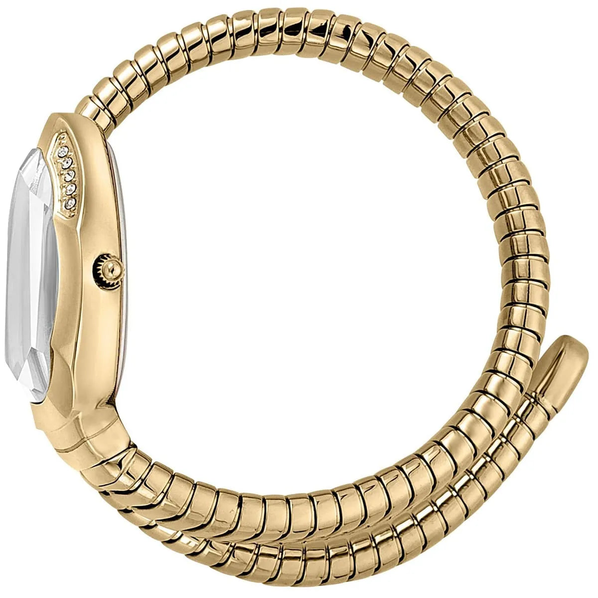 Side view of gold stainless steel snake-wrap bracelet with watch case and white dial