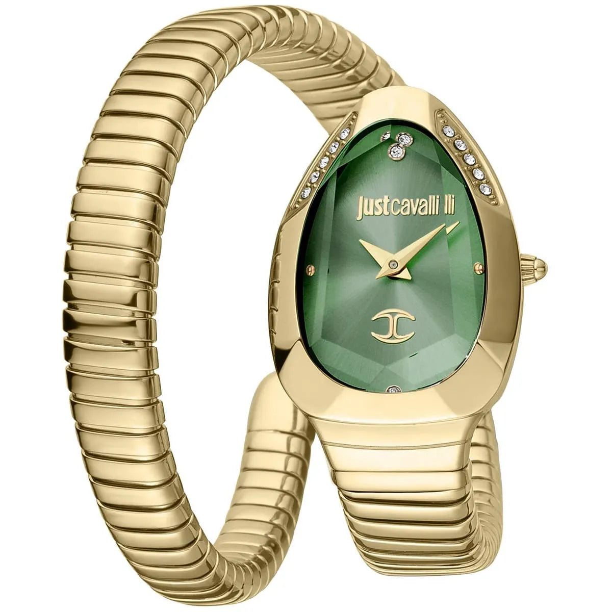Just Cavalli women's watch with green dial, gold-tone case, and signature snake-pattern double-wrap bracelet