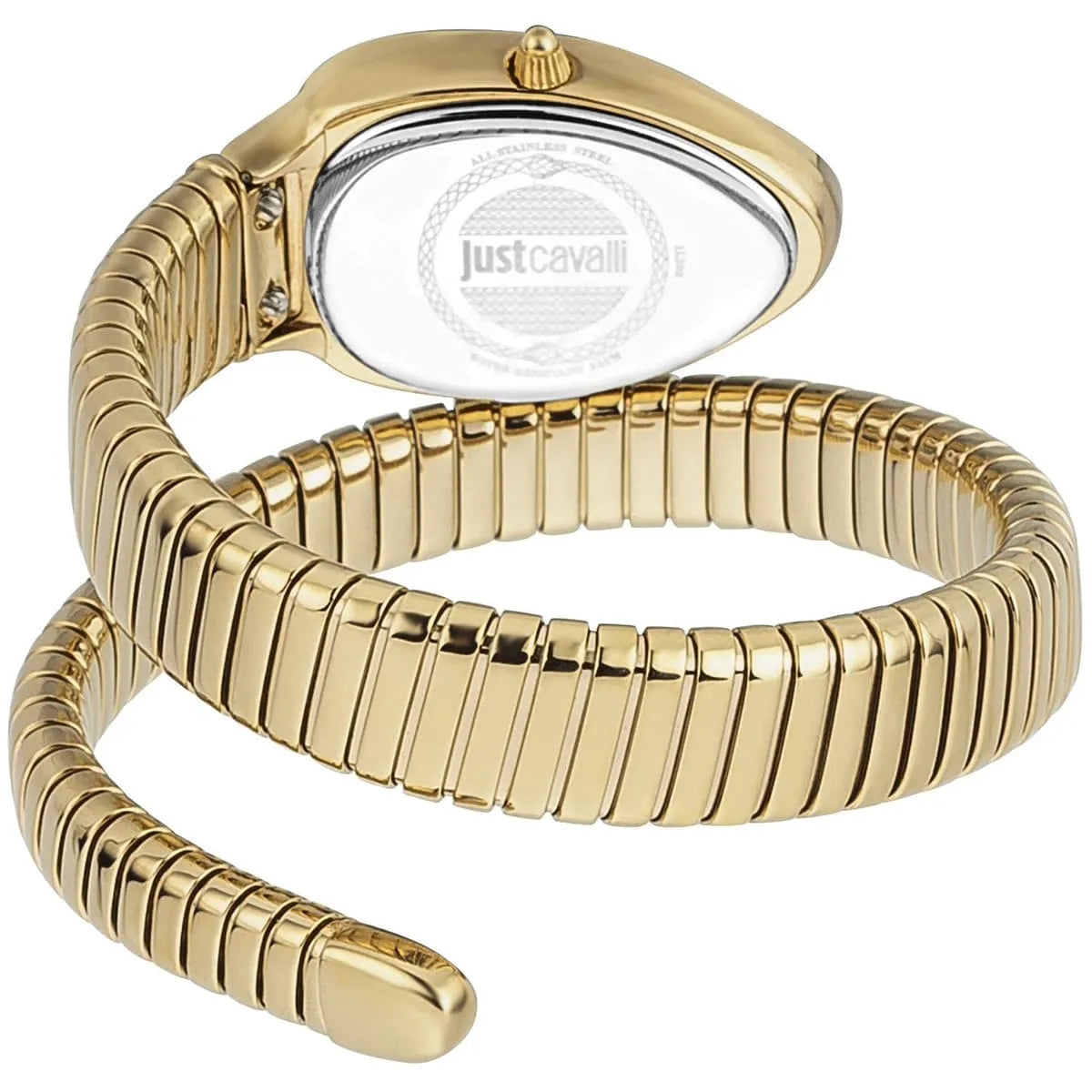 Just Cavalli snake wrap watch caseback showing gold-tone stainless steel strap design