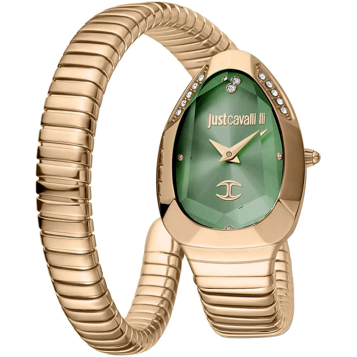 Just Cavalli Serpente Metallica women watch with green dial, rose gold snake-design bracelet and crystals