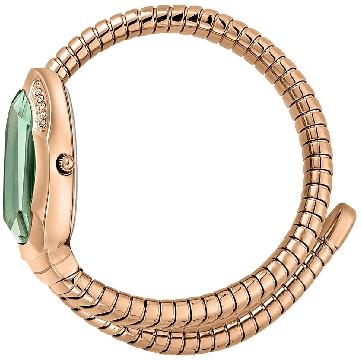 Just Cavalli Serpente Metallica worn on wrist showing green dial and rose gold snake bracelet