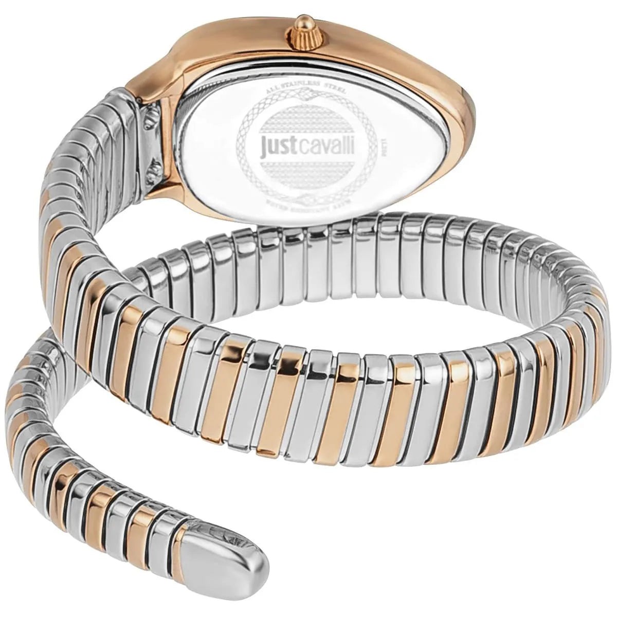 Just Cavalli Serpente Metallica watch with wrapped snake bracelet and caseback detail displayed flat