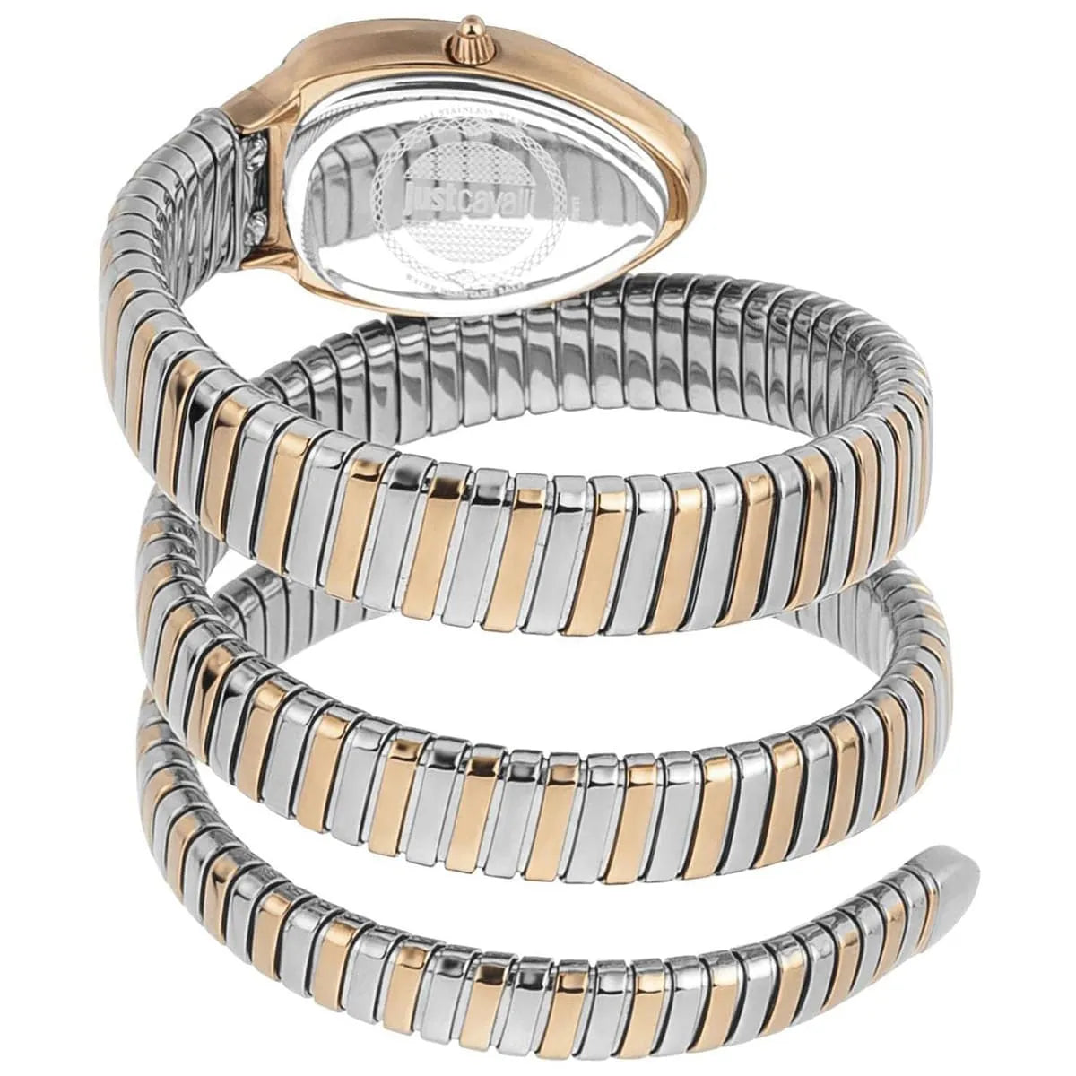 Just Cavalli JC1L208M0085 snake wrap bracelet worn on wrist, showing triple-wrap two-tone stainless steel design