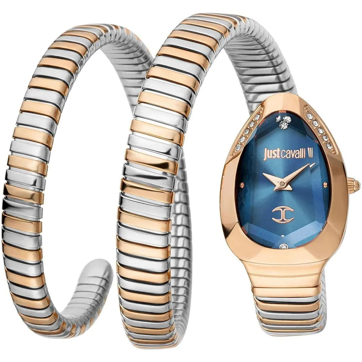 Just Cavalli JC1L208M0085 women's watch with blue dial, rose gold and stainless steel two-tone case, and snake-patterned triple-wrap bracelet
