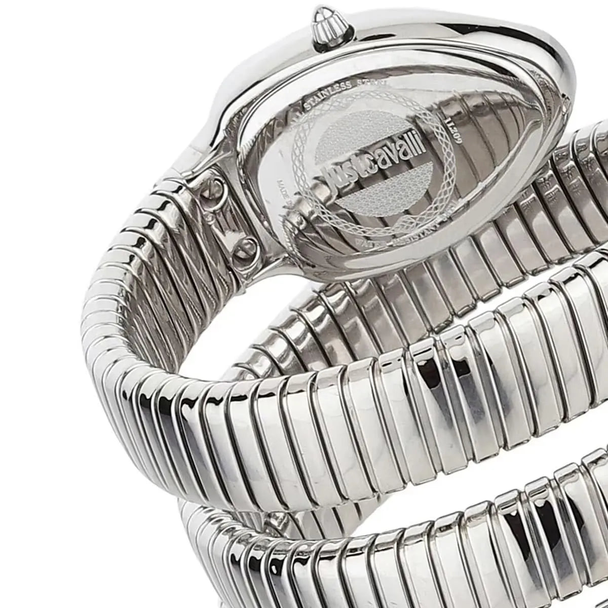 Close-up detail of Just Cavalli Serpente watch dial with mother-of-pearl and snake strap
