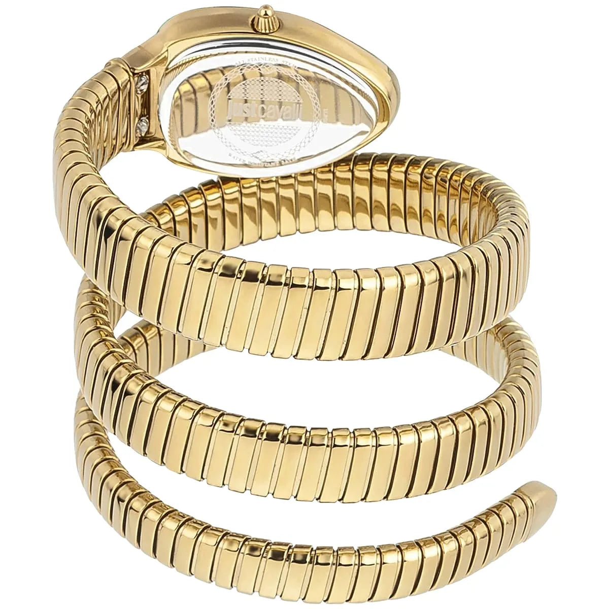 Just Cavalli Signature Snake gold triple-wrap snake bracelet displayed on wrist