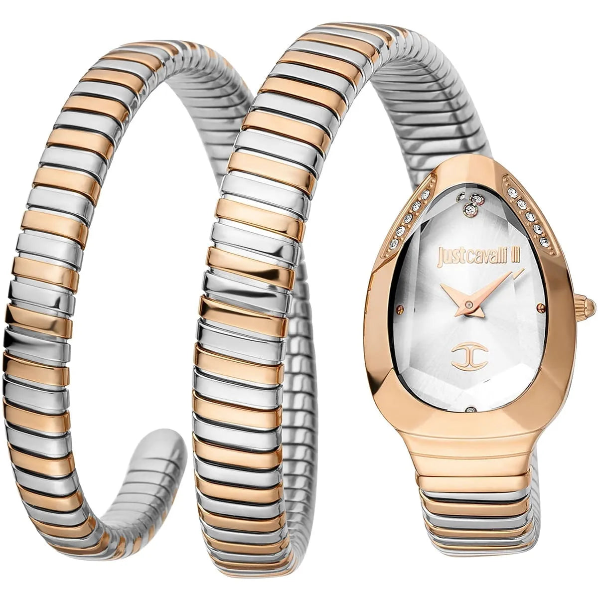 Just Cavalli Serpente women's watch with silver dial, rose gold case, and two-tone stainless steel snake bracelet